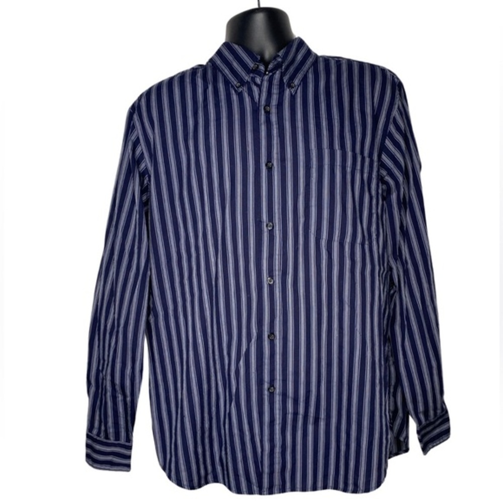 Basic Editions Striped Long Sleeve Button Down Shirt (Size:L, Color:Navy/White)